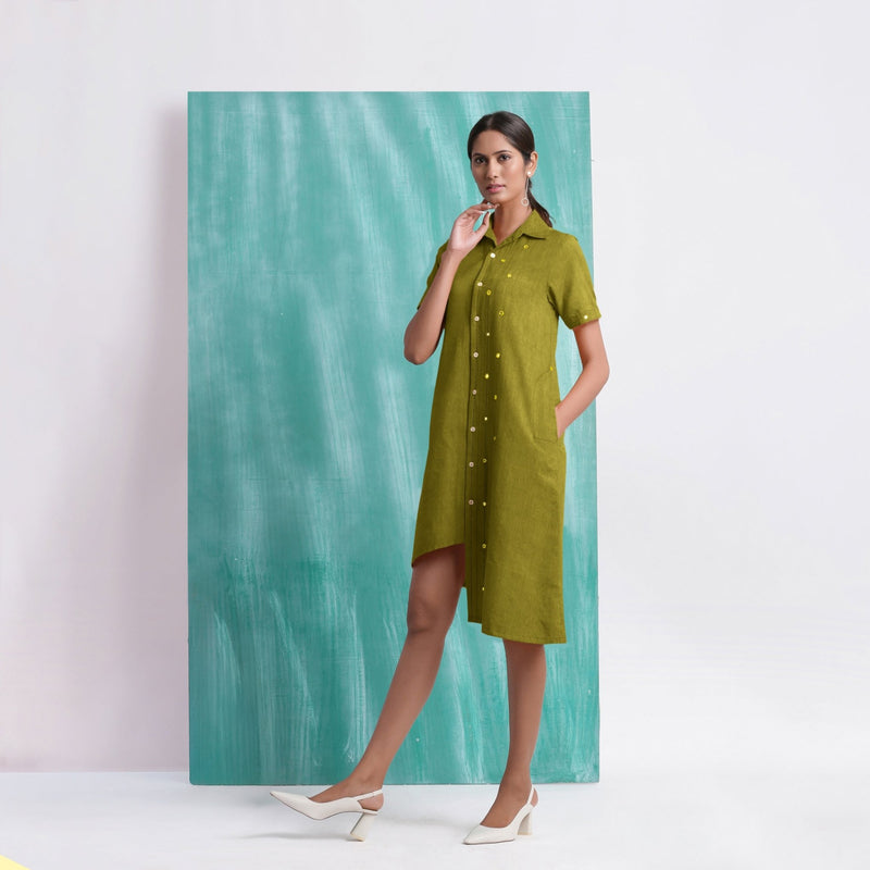 Olive Green Mirror Work Cotton Knee Length Asymmetrical Dress