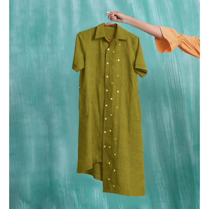 Olive Green Mirror Work Cotton Knee Length Asymmetrical Dress