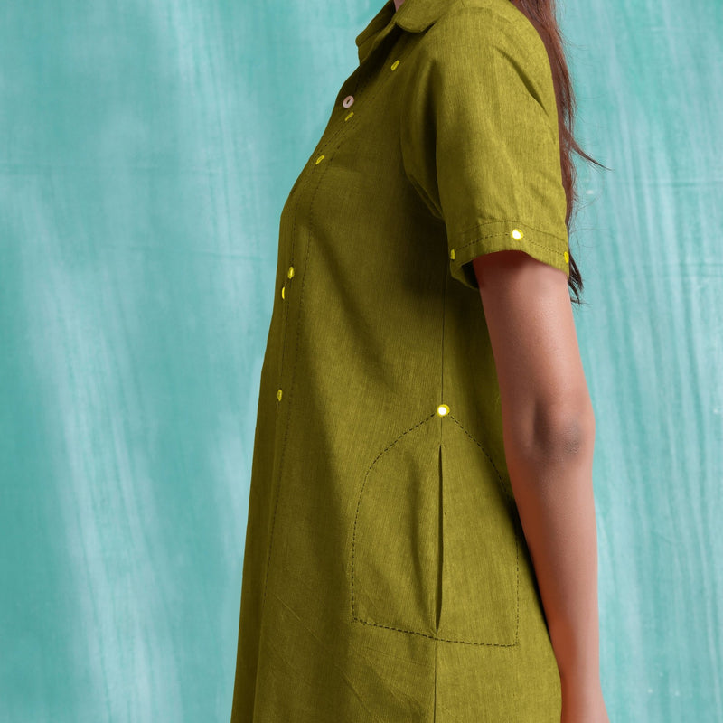 Olive Green Mirror Work Cotton Knee Length Asymmetrical Dress