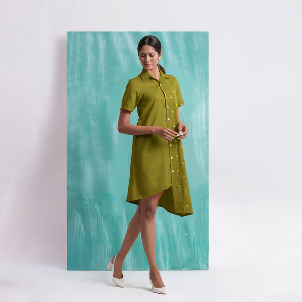 Olive Green Mirror Work Cotton Knee Length Asymmetrical Dress