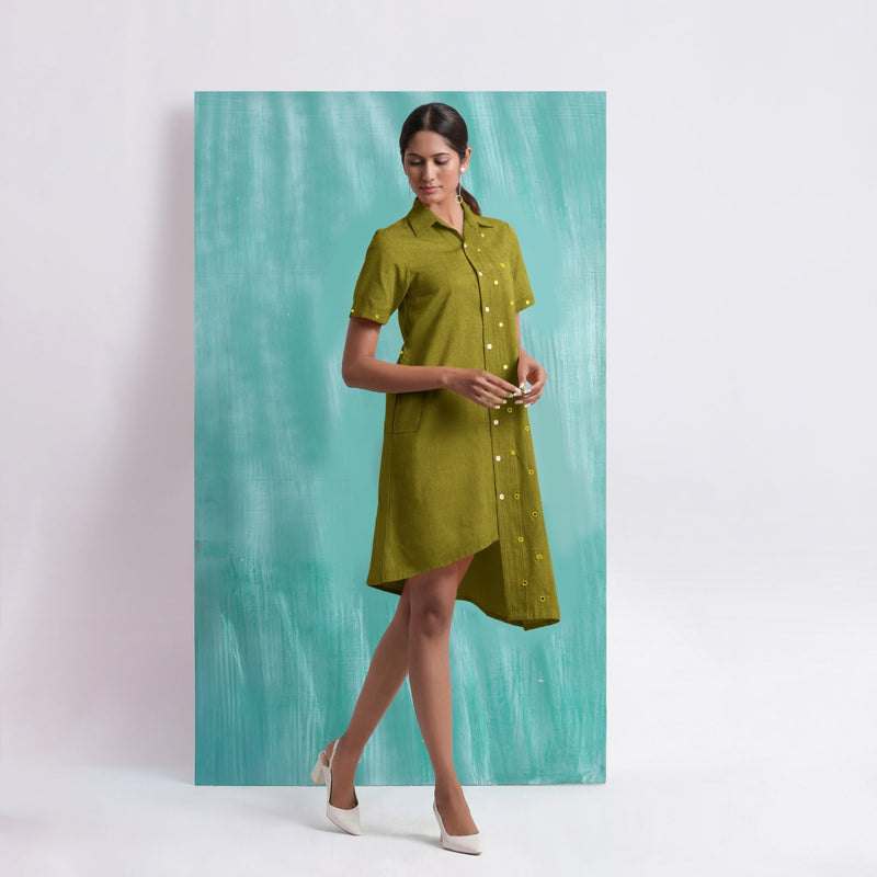 Olive Green Mirror Work Cotton Knee Length Asymmetrical Dress