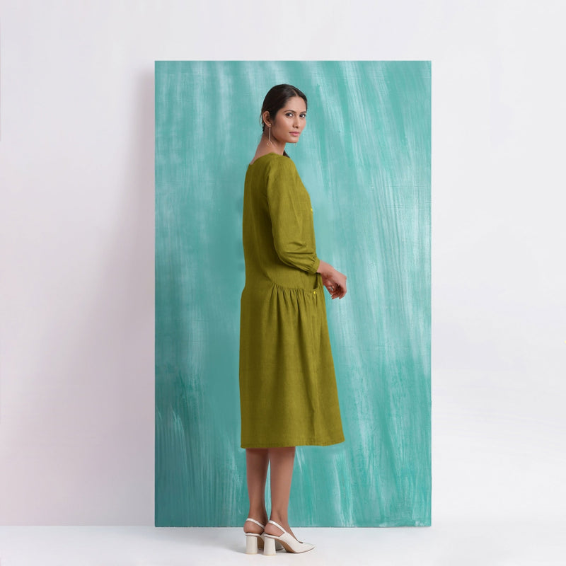 Olive Green Mirror Work Embroidered Cotton Paneled Midi Dress