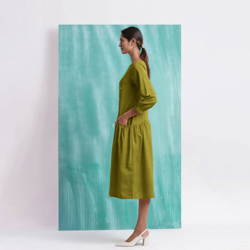 Olive Green Mirror Work Embroidered Cotton Paneled Midi Dress 30" / Tall (5'7" and above) Olive Green Mirror Work Embroidered Cotton Paneled Midi Dress 30" / Tall (5'7" and above)