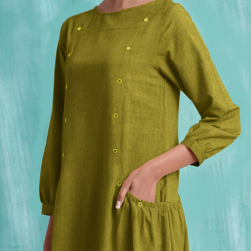 Olive Green Mirror Work Embroidered Cotton Paneled Midi Dress 30" / Tall (5'7" and above) Olive Green Mirror Work Embroidered Cotton Paneled Midi Dress 30" / Tall (5'7" and above)