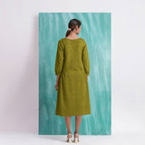 Olive Green Mirror Work Embroidered Cotton Paneled Midi Dress