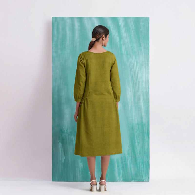 Olive Green Mirror Work Embroidered Cotton Paneled Midi Dress