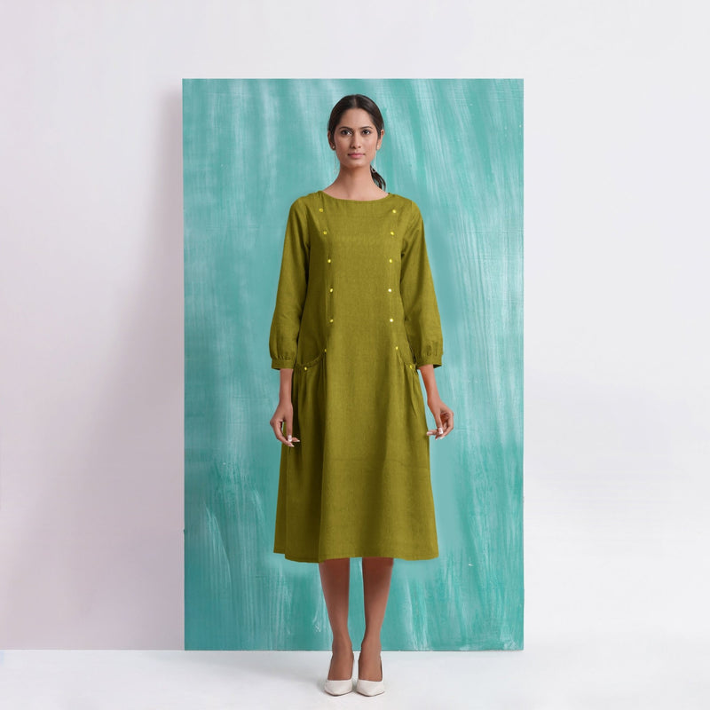 Olive Green Mirror Work Embroidered Cotton Paneled Midi Dress