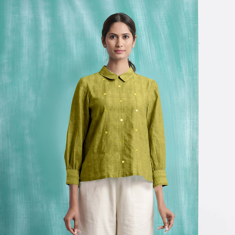 Olive Green Mirror Work Handspun Cotton Blouse Top