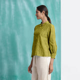 Olive Green Mirror Work Handspun Cotton Blouse Top