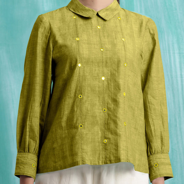 Olive Green Mirror Work Handspun Cotton Blouse Top