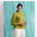 Olive Green Mirror Work Handspun Cotton Blouse Top