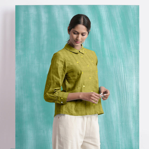 Olive Green Mirror Work Handspun Cotton Blouse Top