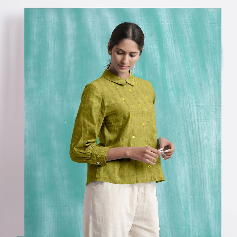 Olive Green Mirror Work Handspun Cotton Blouse Top