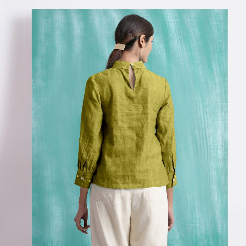 Olive Green Mirror Work Handspun Cotton Blouse Top