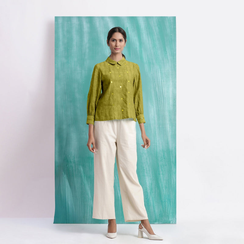 Olive Green Mirror Work Handspun Cotton Blouse Top
