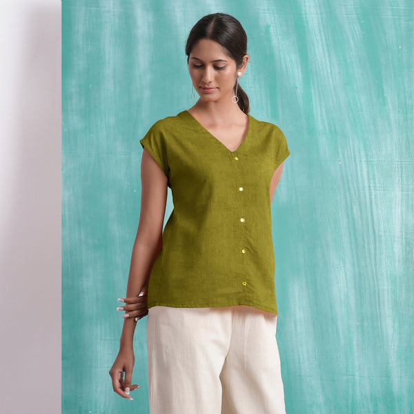 Olive Green Mirror Work Handspun Cotton Drop Shoulder Top