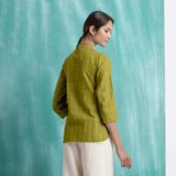 Olive Green Mirror Work Handspun Cotton Mandarin Collar Top