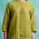 Olive Green Mirror Work Handspun Cotton Mandarin Collar Top