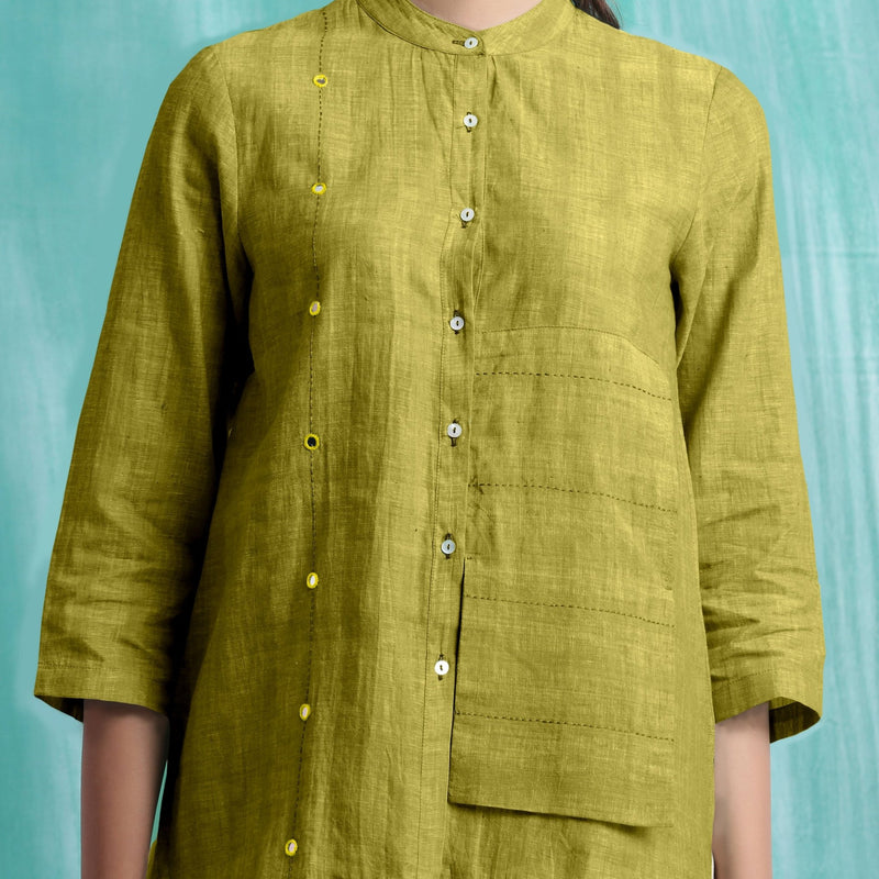 Olive Green Mirror Work Handspun Cotton Mandarin Collar Top