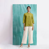 Olive Green Mirror Work Handspun Cotton Mandarin Collar Top