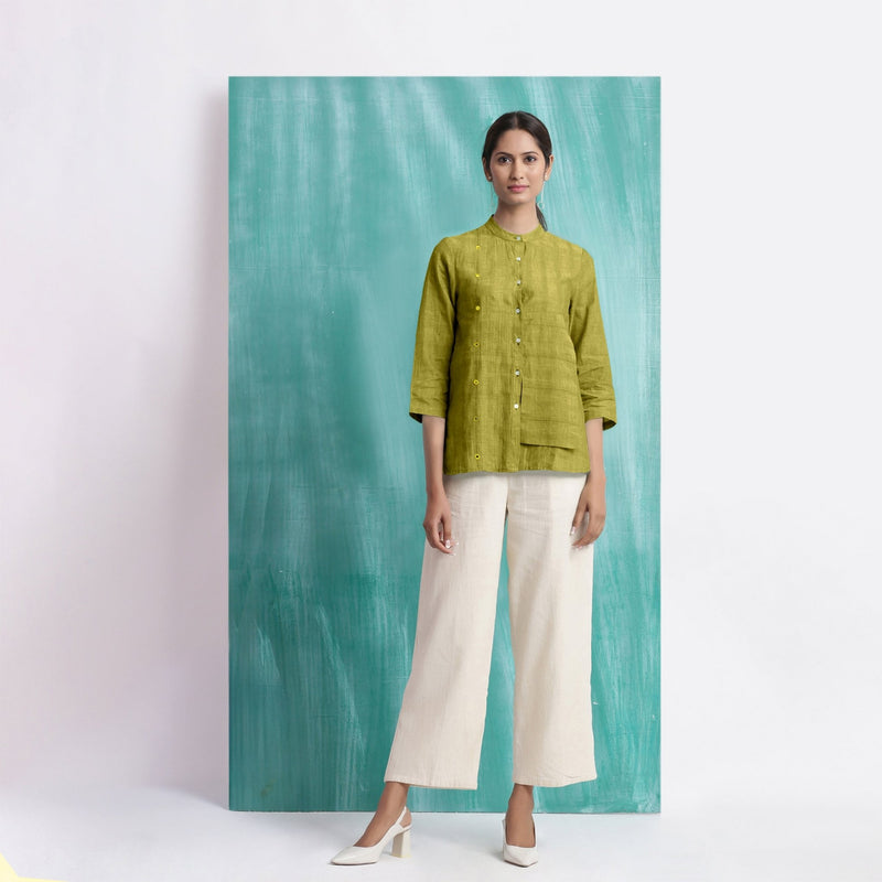 Olive Green Mirror Work Handspun Cotton Mandarin Collar Top