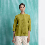Olive Green Mirror Work Handspun Cotton Mandarin Collar Top