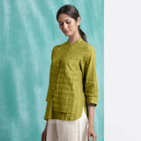 Olive Green Mirror Work Handspun Cotton Mandarin Collar Top