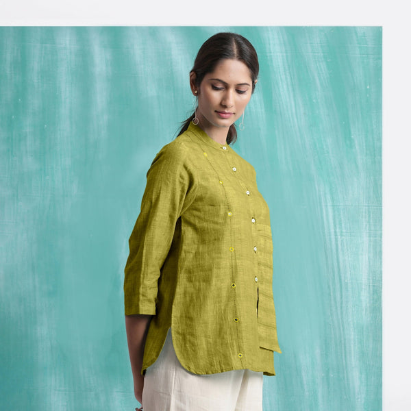 Olive Green Mirror Work Handspun Cotton Mandarin Collar Top