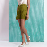 Olive Green Mirror Work Handspun Cotton Mid-Rise Elasticated Shorts