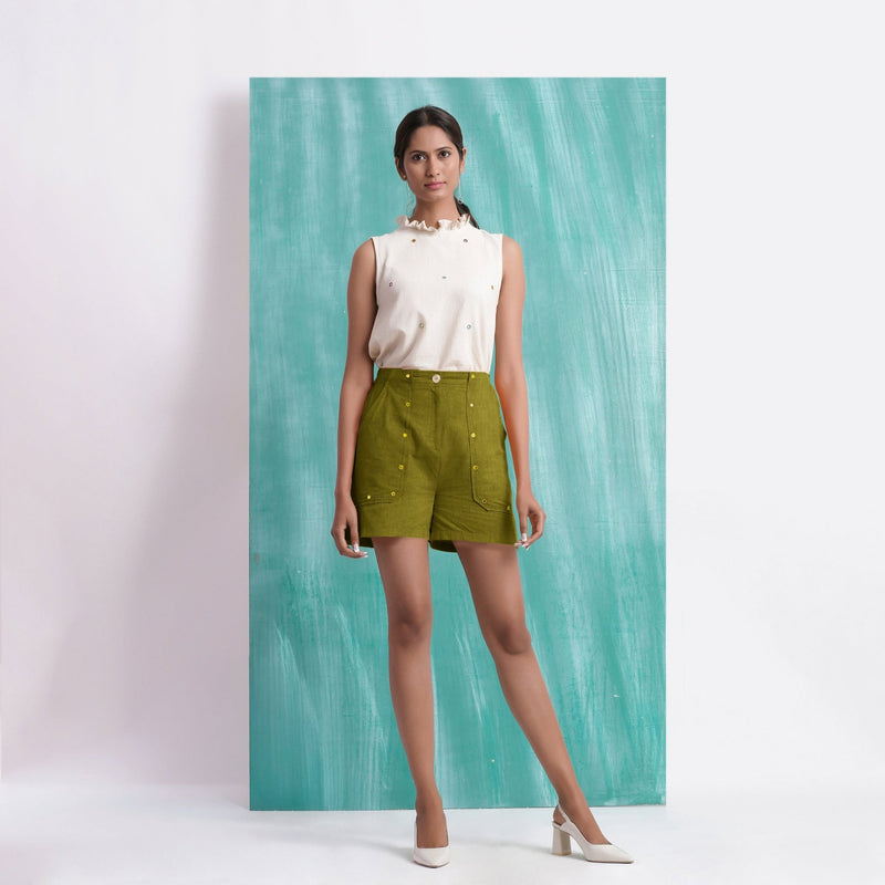 Olive Green Mirror Work Handspun Cotton Mid-Rise Elasticated Shorts