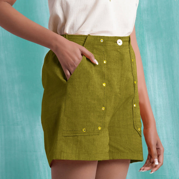 Olive Green Mirror Work Handspun Cotton Mid-Rise Elasticated Shorts