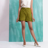 Olive Green Mirror Work Handspun Cotton Mid-Rise Elasticated Shorts