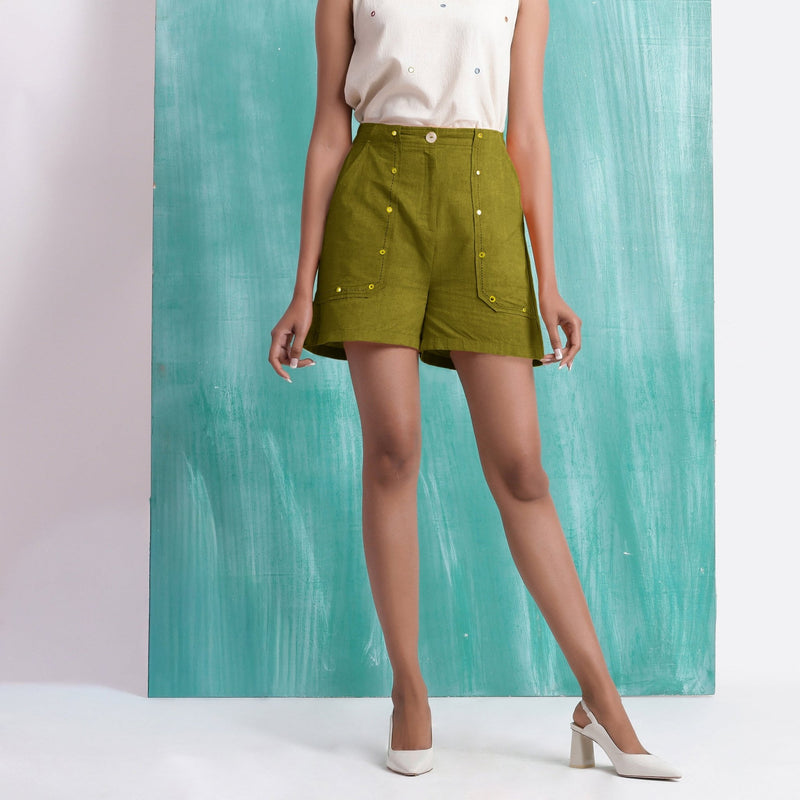 Olive Green Mirror Work Handspun Cotton Mid-Rise Elasticated Shorts