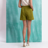 Olive Green Mirror Work Handspun Cotton Mid-Rise Elasticated Shorts