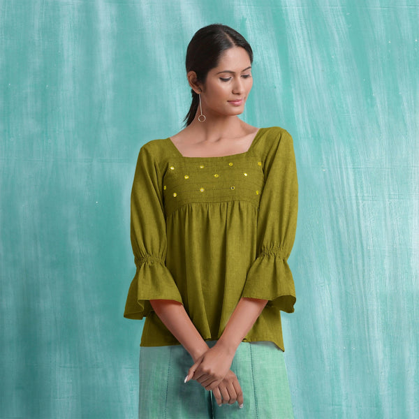 Olive Green Mirror Work Handspun Cotton Poet Sleeves Yoked Top