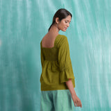 Olive Green Mirror Work Handspun Cotton Poet Sleeves Yoked Top