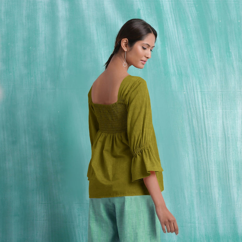 Olive Green Mirror Work Handspun Cotton Poet Sleeves Yoked Top