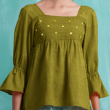 Olive Green Mirror Work Handspun Cotton Poet Sleeves Yoked Top