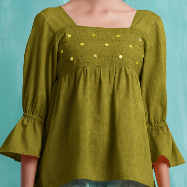 Olive Green Mirror Work Handspun Cotton Poet Sleeves Yoked Top