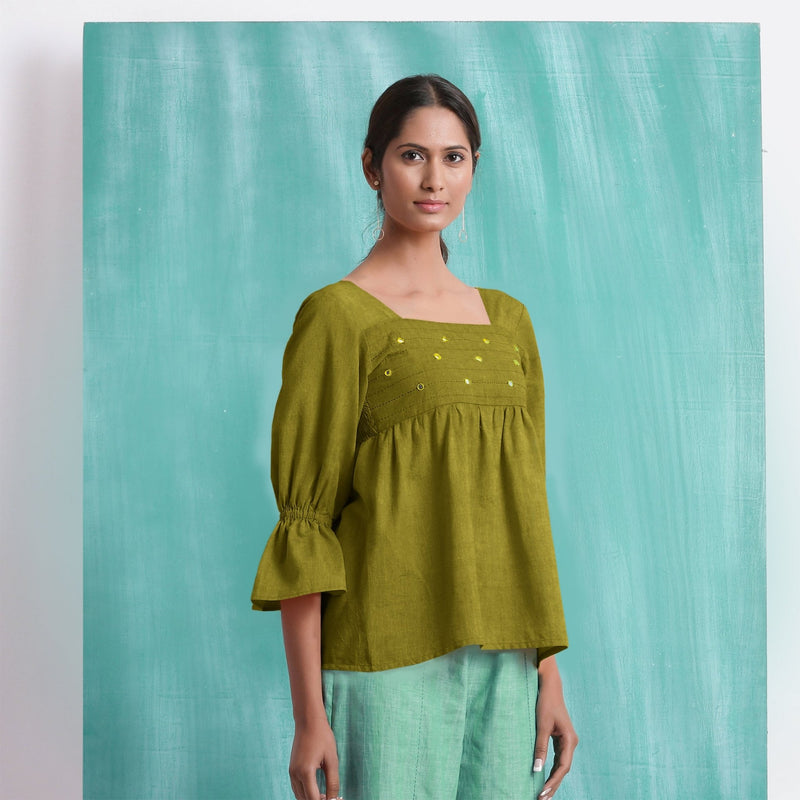 Olive Green Mirror Work Handspun Cotton Poet Sleeves Yoked Top