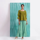 Olive Green Mirror Work Handspun Cotton Poet Sleeves Yoked Top