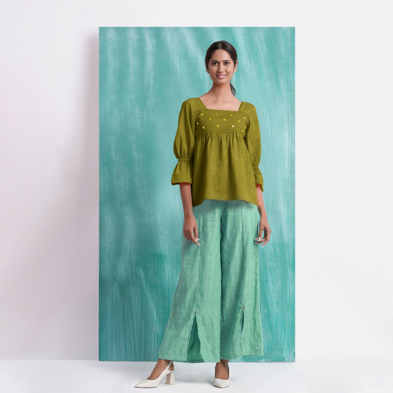 Olive Green Mirror Work Handspun Cotton Poet Sleeves Yoked Top