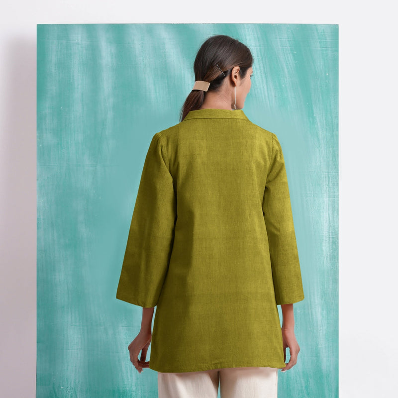 Olive Green Mirror Work Handspun Cotton Welt Pocket Coat