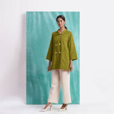 Olive Green Mirror Work Handspun Cotton Welt Pocket Coat