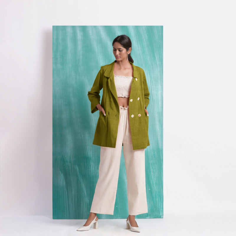 Olive Green Mirror Work Handspun Cotton Welt Pocket Coat