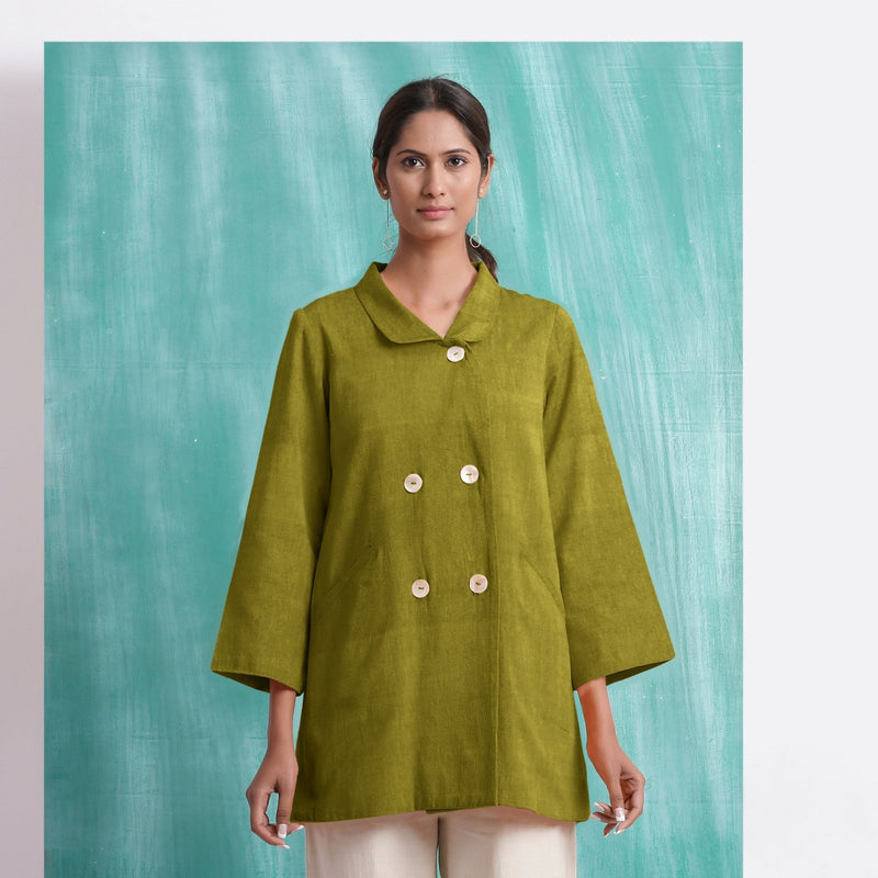 Olive Green Mirror Work Handspun Cotton Welt Pocket Coat