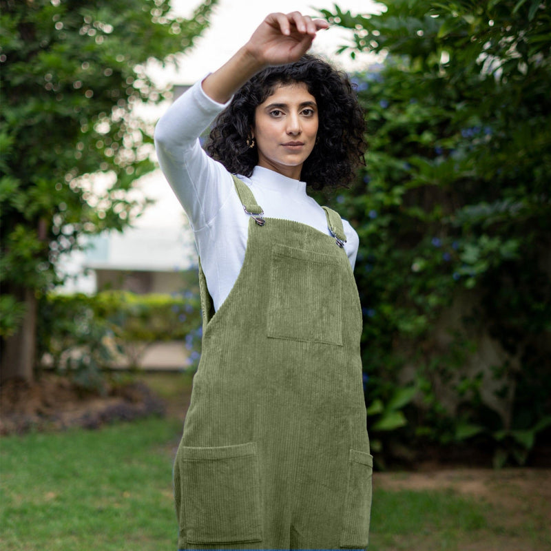 Olive Green Warm Cotton Corduroy Ankle Length Dungaree