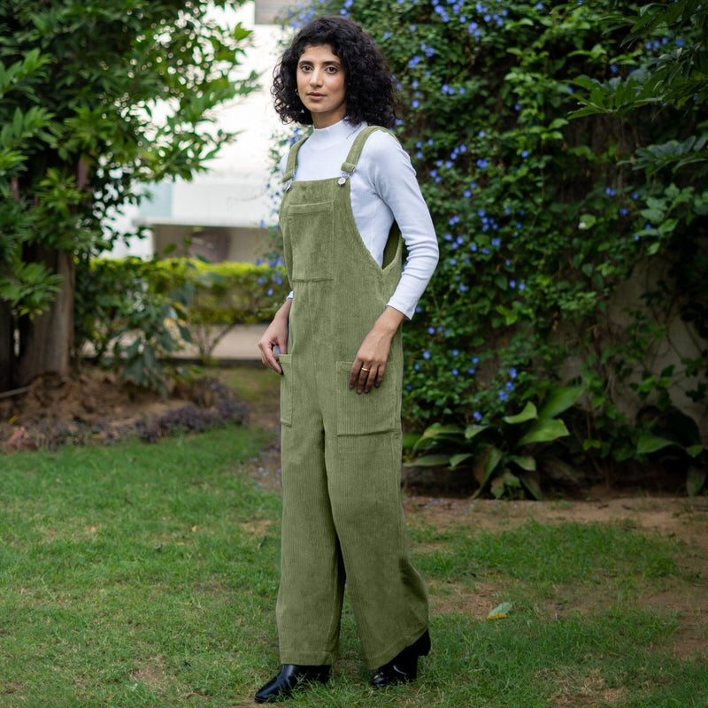 Olive Green Warm Cotton Corduroy Ankle Length Dungaree