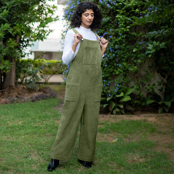 Olive Green Warm Cotton Corduroy Ankle Length Dungaree