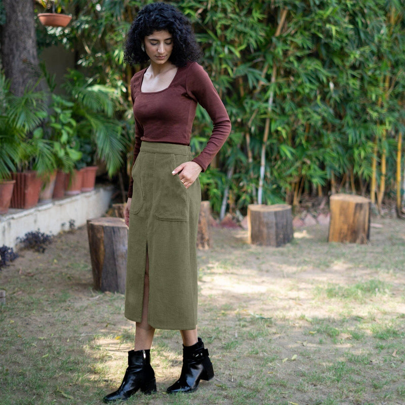 High Rise A Line Slit Cotton Corduroy Skirt